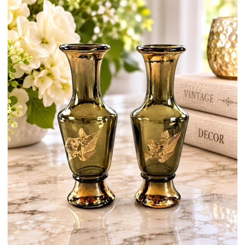Pair of Vintage Smoke Gray Glass Mini Bud Vases with Gold Bird Etching – 4